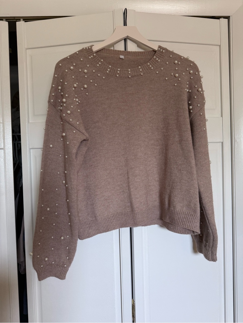 Women’s Pearl-Embellished Taupe Sweater